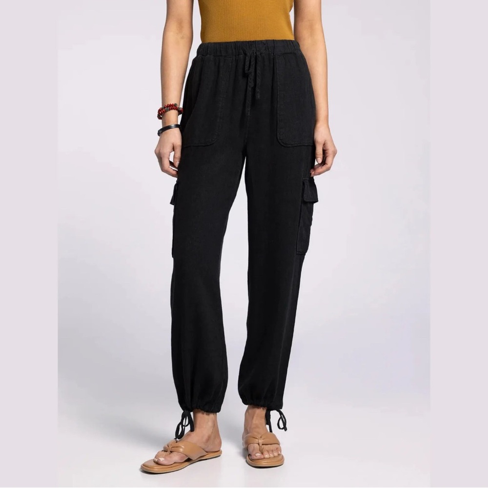Thread & Supply Womens XS Lyocell Pants Elastic Waist Tie Ankle Washed Black